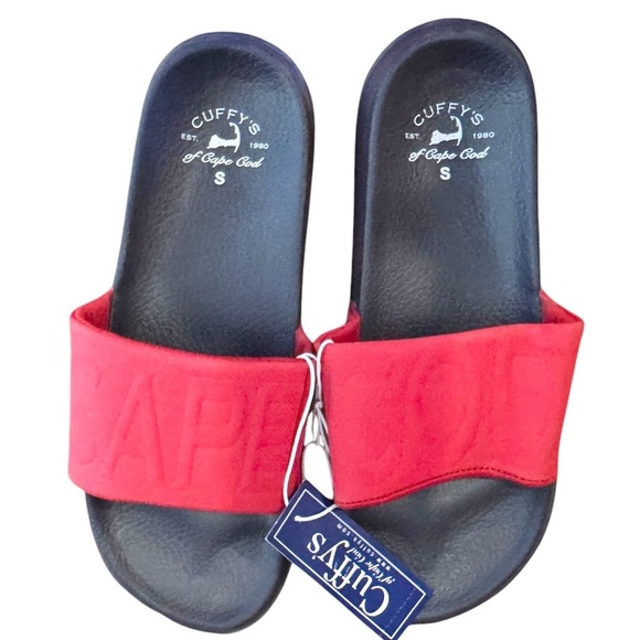 NEW Cuffy’s Slides Red Men’s Size 38 6 Women’s Size 8-8.5 Navy Blue Soles - Picture 1 of 4